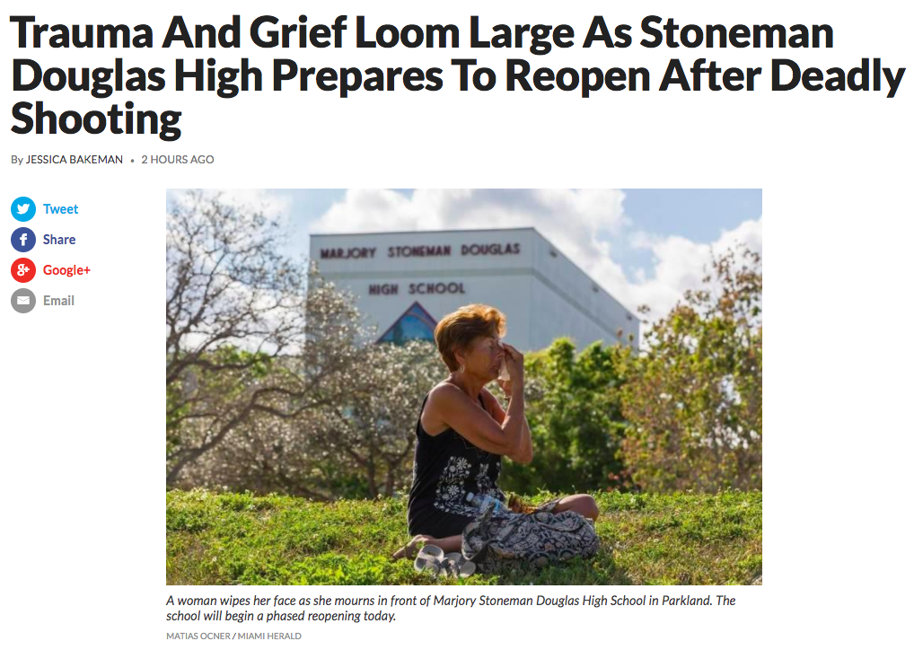 Image from a recent story from WLRN public radio about the return to classes at MSD high school today: Trauma And Grief Loom Large As Stoneman Douglas High Prepares To Reopen After Deadly Shooting