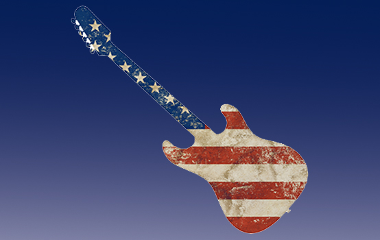 One guitar shaped old grunge vintage dirty faded shabby distressed American US national flag isolated on white background