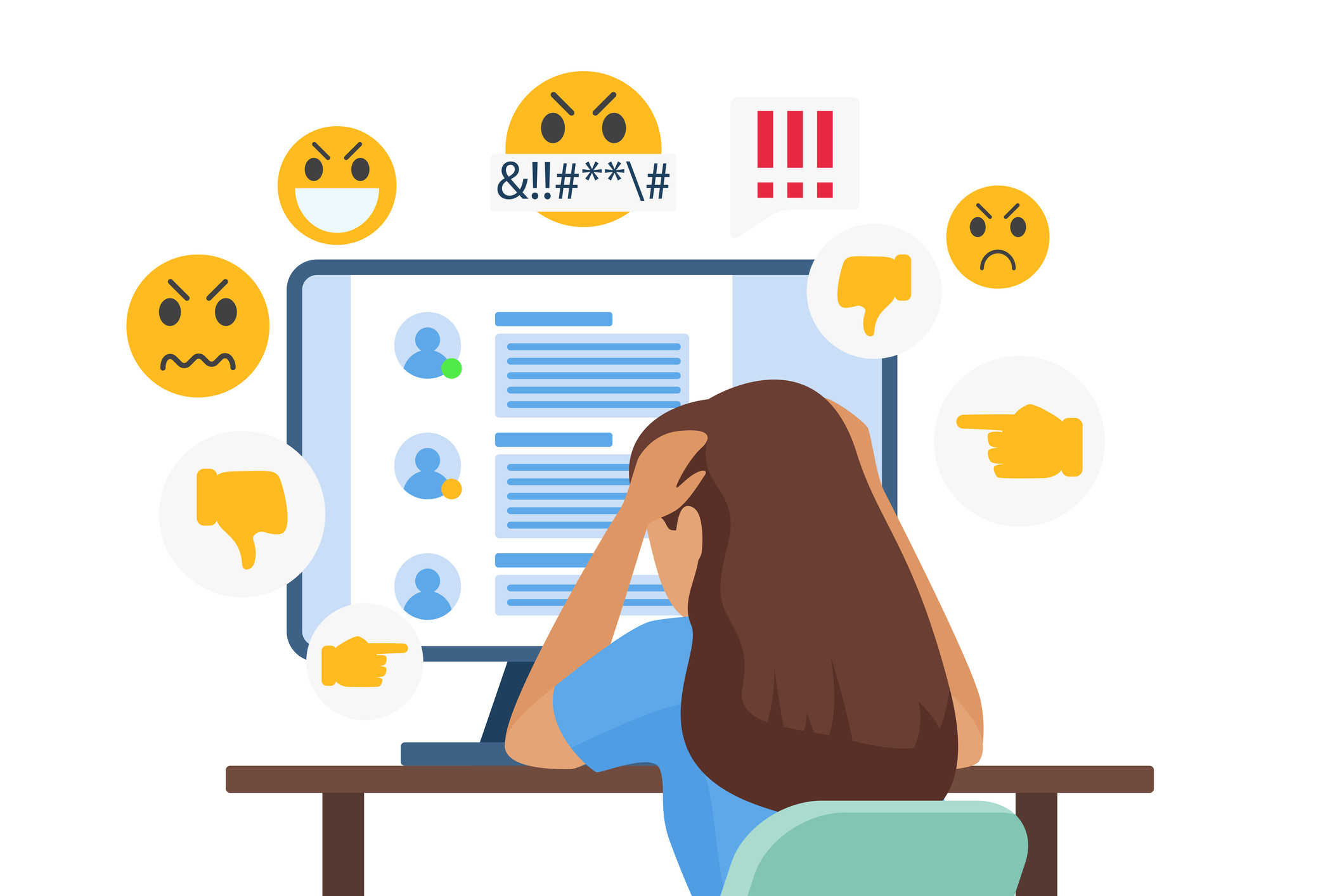 Cyber bullying people vector illustration, cartoon flat sad young bullied  girl character sitting in front of computer with online dislike in social  media 