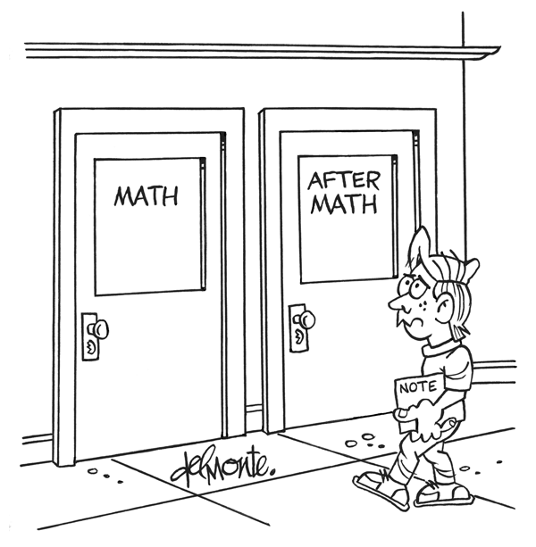 Student faces two classroom doors. One says "Math." The other say "After Math"