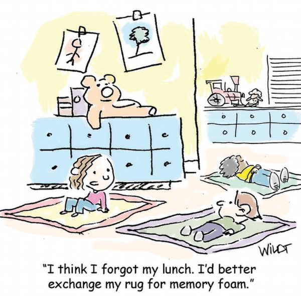 Preschool children are having naptime. One is, "I think I forgot my lunch. I'd better exchange my rug for memory foam."