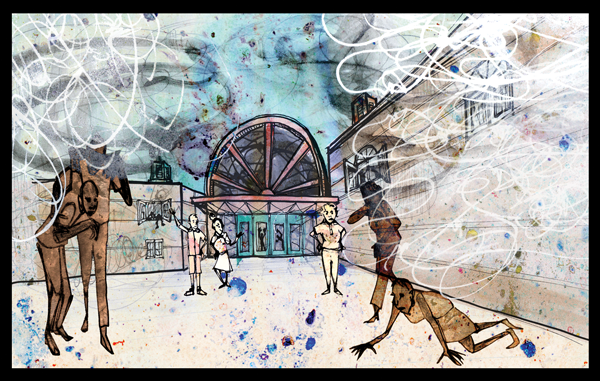 The smog of cultural racism. Four Black teachers stands outside a school. Smog fills the air and the teachers are bent over coughing as three white people stand in the background watching.