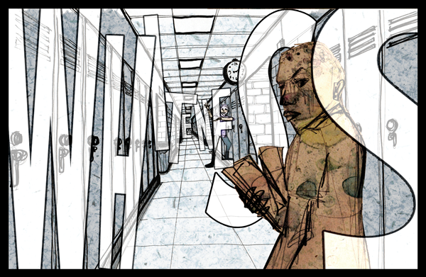 The impenetrable wall of whiteness. A Black teacher stands in the foreground of a school hallway, looking toward the viewer. The letters in the word WHITENESS fill the hallway.