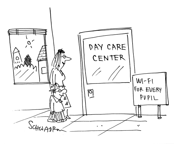 A parent and child are at a day care center. A sign by the door says, "Wi-Fi for every pupil."