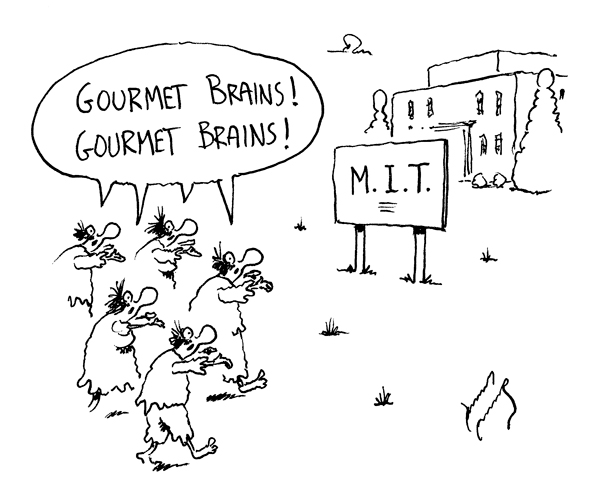A group of zombies are walking toward MIT arms outstretched, chanting "Gourmet Brains! Gourmet Brains!"