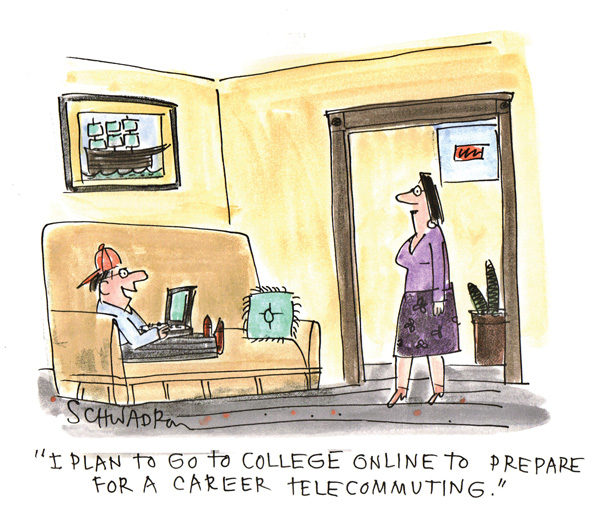 A boy is sitting on the couch with a laptop in his lap as his mom walks in. He says, "I plan to do to college online to prepare for a career telecommuting."