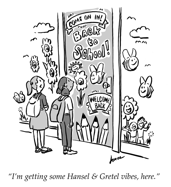 Two children stand in front of a heavily decorated classroom door that says Back to School! Welcome Back! One child says, "I'm getting some Hansel and Gretel vibes, here."