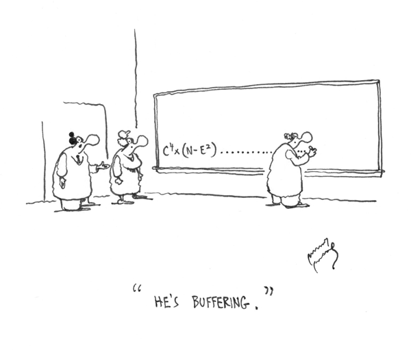 A group of teachers are looking at a chalkboard. One of them has been writing a formula followed by a string of dots. An observer says, "He's buffering."
