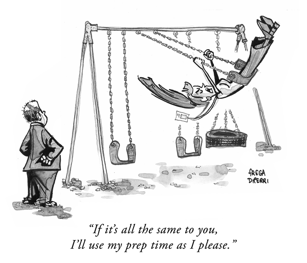 A man is swinging on a playground swing. He says to his boss, "If it's all the same to you, I'll use my prep time as I please."