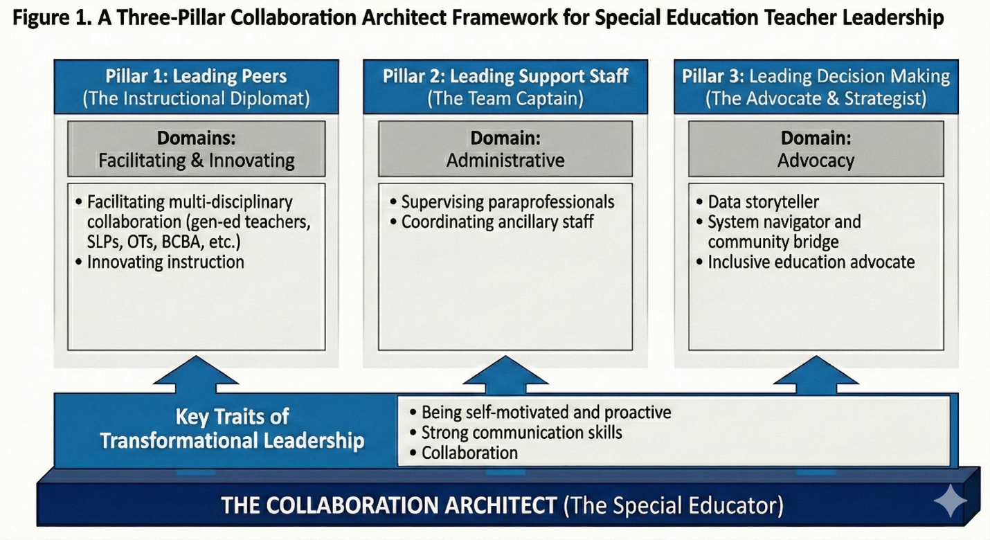 An image showing the three pillars.
Pillar 1: Leading Peers (The Instructional Diplomat)
Domains: Facilitating and innovating
Facilitating multidisciplinary collaboration
Innovating instruction
Pillar 2: Leading Support Staff (The Team Captain)
Domain: Administrative
Supervising paraprofessionals
Coordinating ancillary staff
Pillar 3: Leading Decision Making (The Advocate and Strategist)
Domain: Advocacy
Data storyteller, System navigator and community bridge
Inclusive education advocate
Pillars rest of Key Traits of Transformational Leadership: Being self-motivated and proactive, Strong communication skills, Collaboration